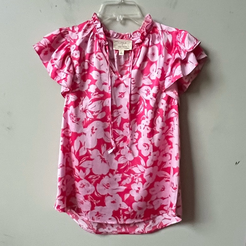 Floral Ruffle Sleeve Tie-Neck Blouse - Pink